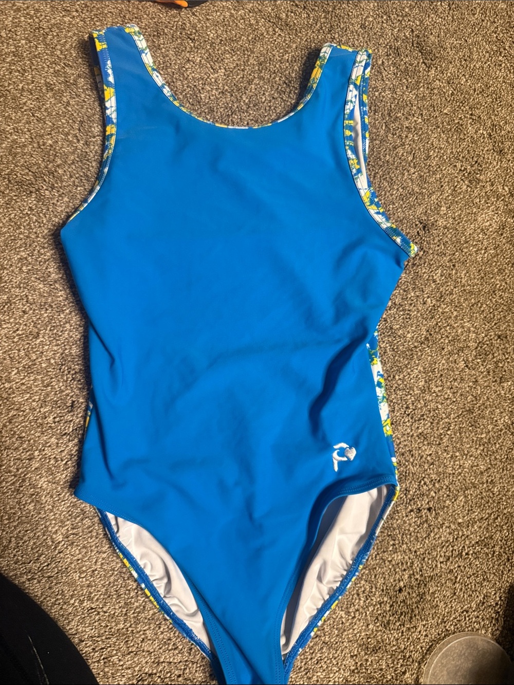 Bright Blue Plum Gymnastics Leotard with Floral Trim. Adult M